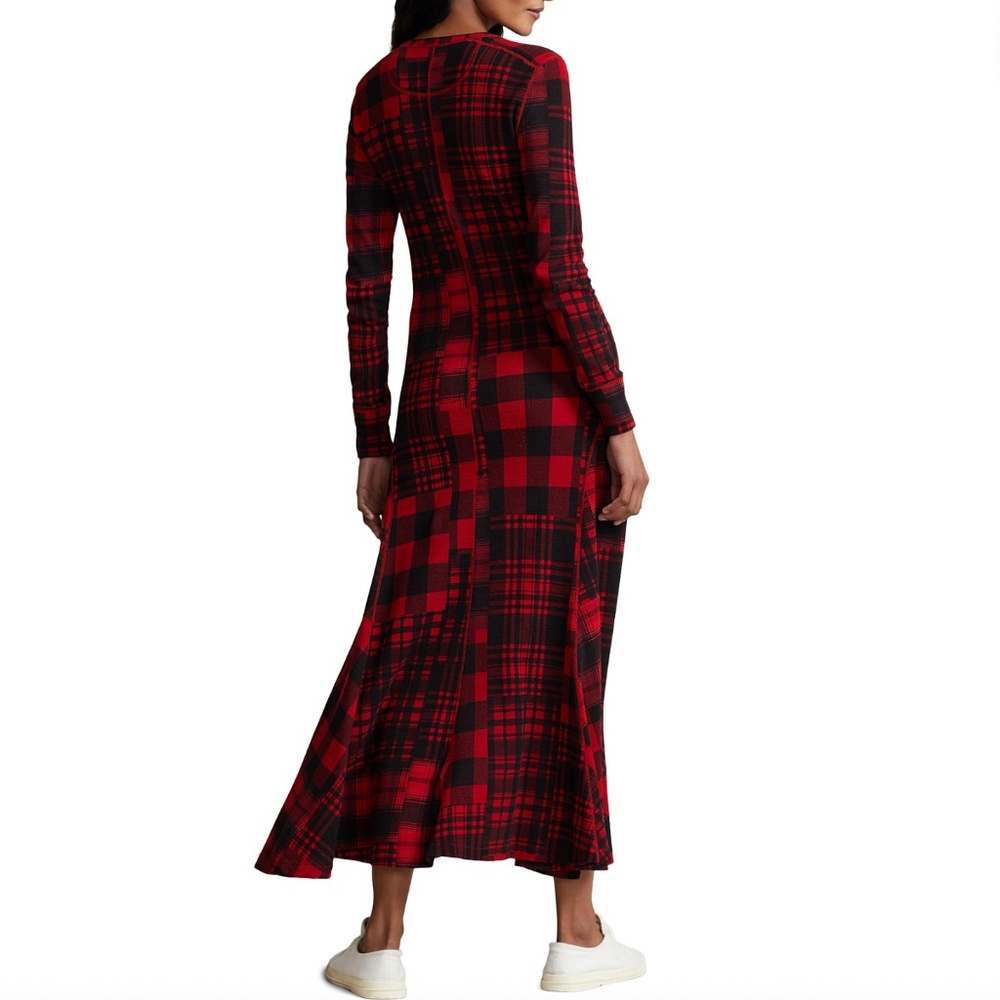 Polo Ralph Lauren Plaid Motif Cotton Henley Dress Red Black - Picture 2 of 11